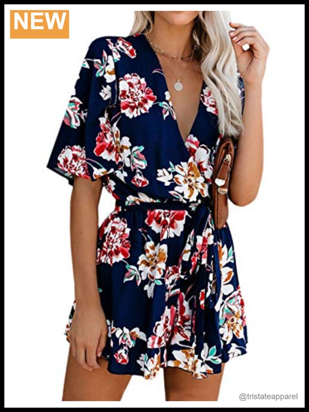 AIMCOO Women's Floral Print Romper V-Neck Ruffle Hem Half Flared Sleeve Waist